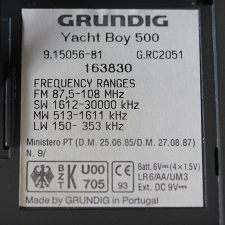 Grundig Yachtboy 500 typeplaatje